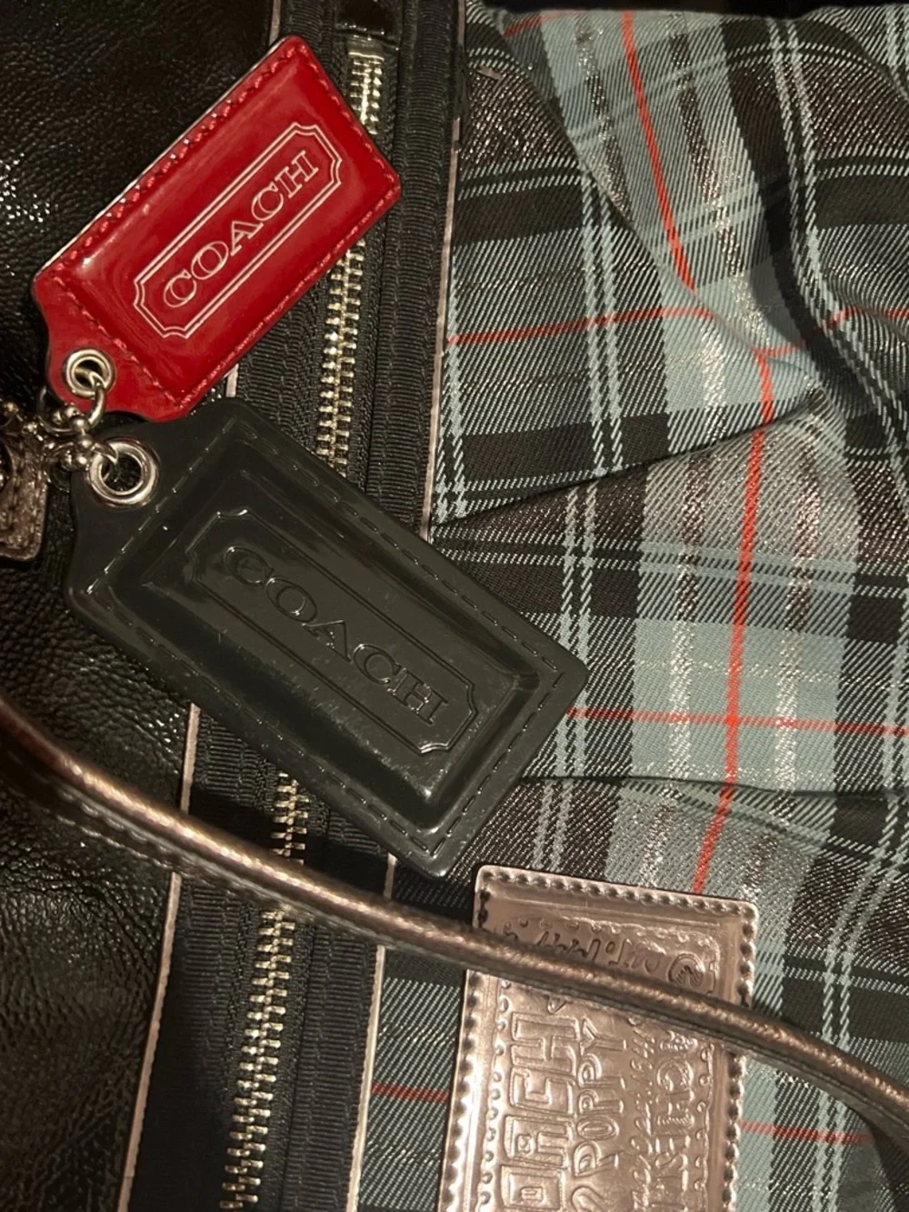 Coach Black Plaid Shoulder Bag with Silver Accents and Red Hangtag